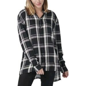Black and White Plaid Oversized Button Down Long Sleeve Tunic Top‎